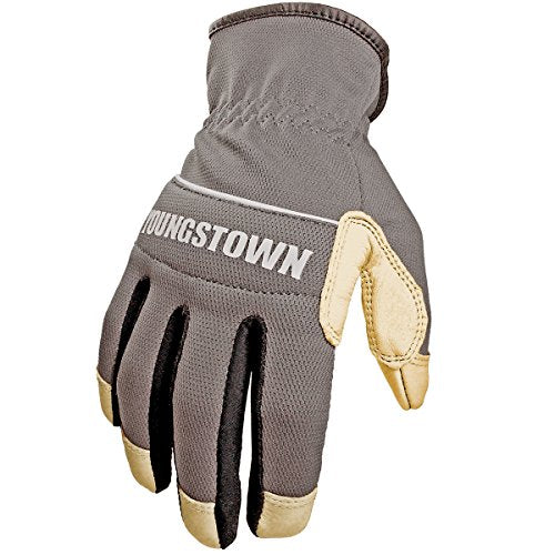 Youngstown Glove Hybrid Plus Leather Palm Heavy Duty Work Gloves For Men - Washable, Durable, Form-Fit - Gray