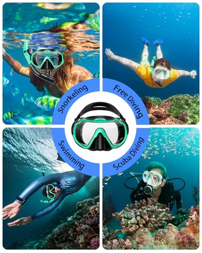 Adult Snorkeling Gear Set - Panoramic Anti-Fog Mask & Dry Snorkel - Malachite Green