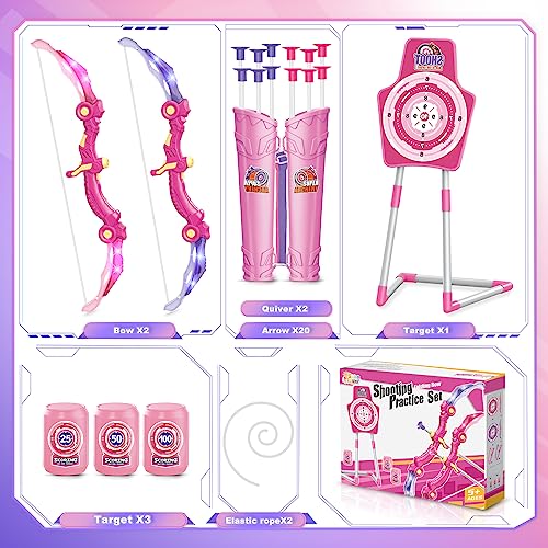 Pink LED Light-Up Archery Set for Kids with Foam Dart Guns & Targets