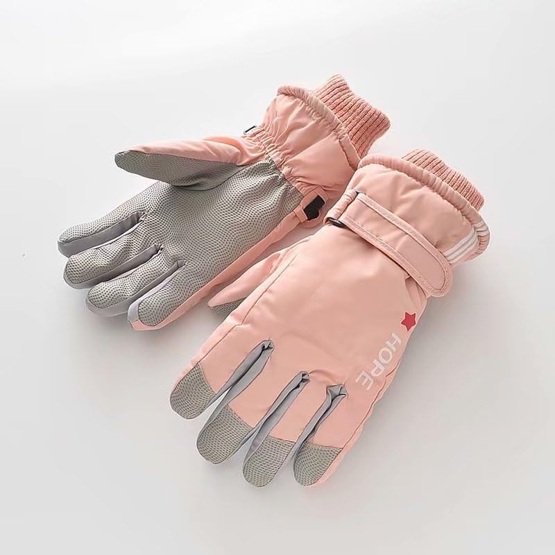 Kids Waterproof Winter Ski Gloves - Warm Snow Mittens for Ages 5-10 - Pink