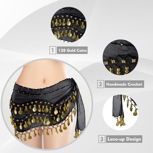 Belly Dance Hip Scarf with 128 Gold Coins - Black