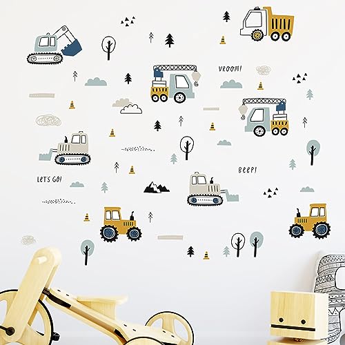 Construction Vehicles Wall Decals Excavator Tractor Crane Wall Stickers Boys Bedroom Kids Room Wall Decor