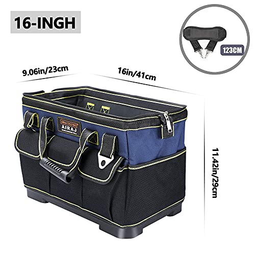 AIRAJ Tool Bag 16 Inch,Wide Mouth Tool Bags for Men Heavy Duty With Waterproof Molded Base,Tools Organizer for Home Repairs,Garage Storage,Professional Work,Adjustable Shoulder Strap,Blue