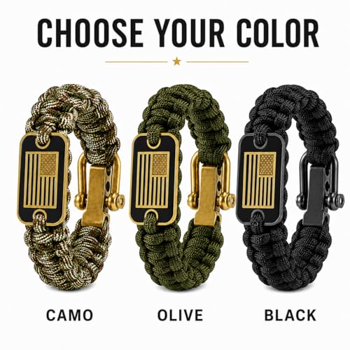 Adjustable Paracord Bracelet for Men - Bronze USA Flag - Black / M (8.2-9.2in)