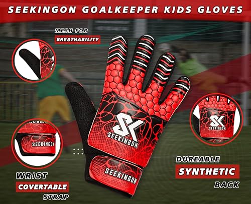 Youth Soccer Goalie Gloves - Size 5 for Ages 9-12, Red/Black
