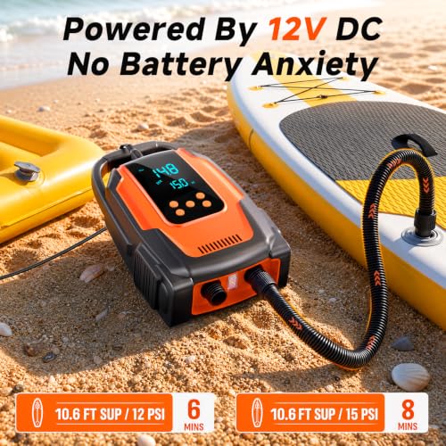 50 PSI Electric Paddle Board Pump - Auto-Off, 12V DC, Orange
