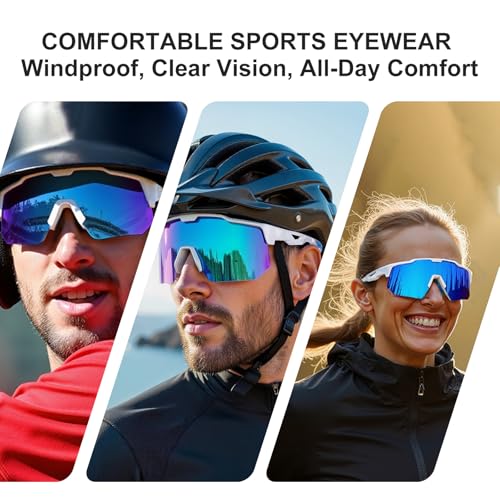 Sports Sunglasses with 5 Interchangeable Lenses - A-bright White Sky Blue