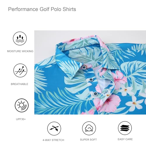 Alex Vando Mens Hawaiian Golf Polo shirt Moisture Wicking Hibiscus Palm X-Large