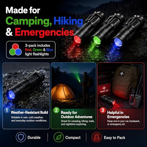 MVIOCS 3-Pack Mini LED Flashlights with Red, Green, Blue Lights, Zoomable, Portable Torch for Camping & Outdoor Use