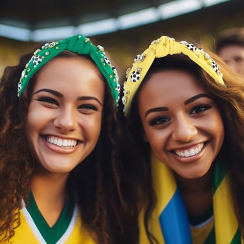 Soccer Headband for Women - Wide Knotted Jeweled Yellow