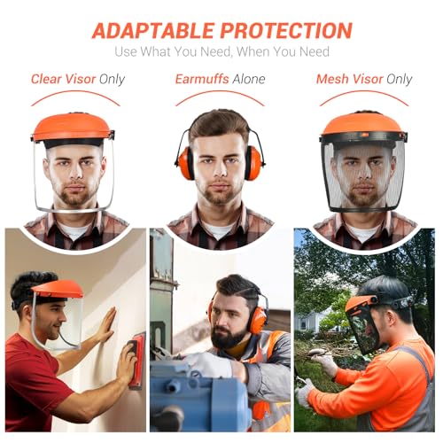 Safety Face Shield with Hearing Protection Combo, Come with Mesh & Clear Visor for Grinding Woodworking