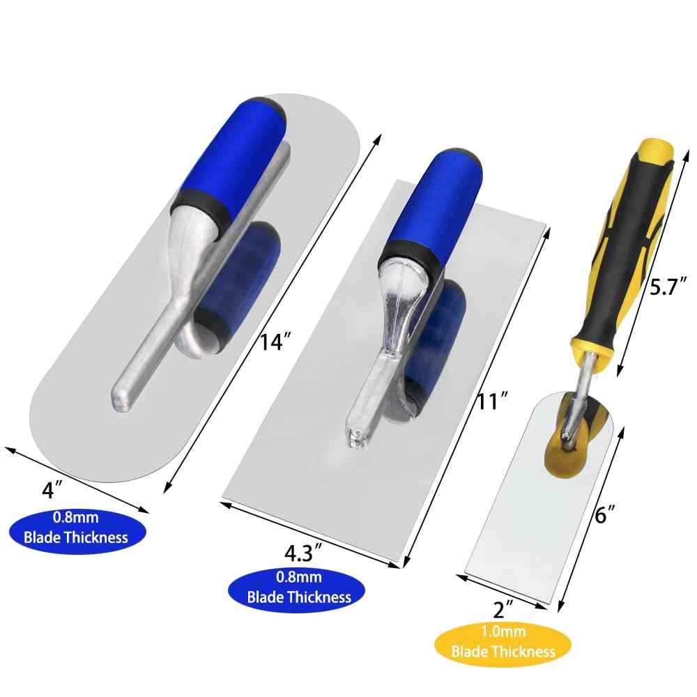 Concrete Tools Set Stainless Steel Flat Finishing Trowel (11" x 4.3") and Pool Trowel (14" x 4") and Margin Trowel (6" x 2") Drywall Cement Plastering Masonry Construction Hand Kit