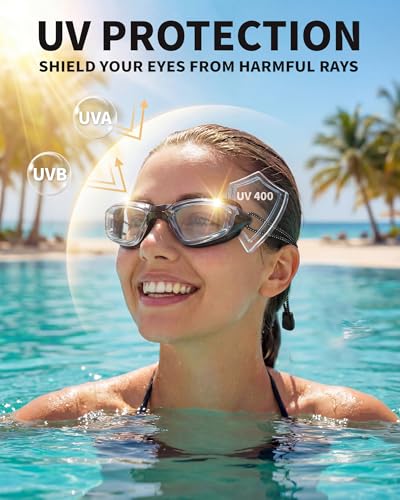 Swim Goggles for Adults & Youth - No Leaking, Full Protection - Transparent Black/Clear