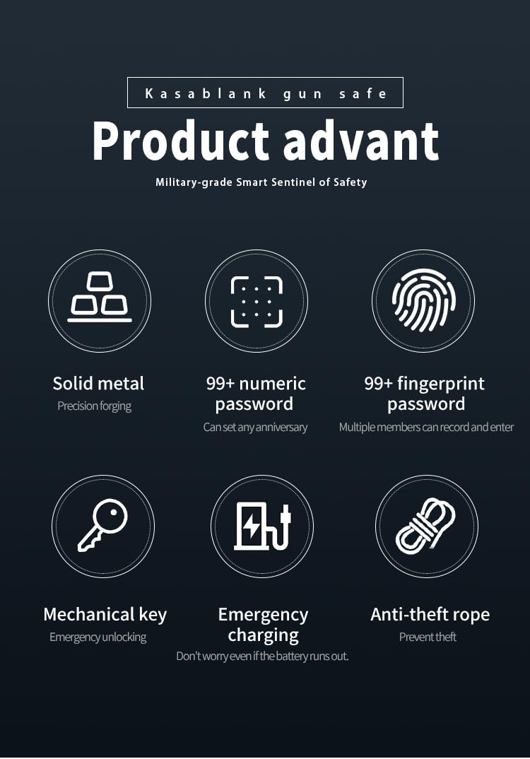 KASABLANK Gun Safe for Pistols - 3 Ways Unlock (Fingerprint/Digital PIN/Key) with Quick Access, LCD Temperature & Humidity Display, Solid Steel Safe for Home, Nightstand, Bedroom, Car and Cloakroom