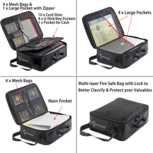 ROLOWAY Fireproof Document Bag with Lock (17 x 11.8 x 5 inch), Important Document Storage Bag with Multi-Layer File Organizers (Black)