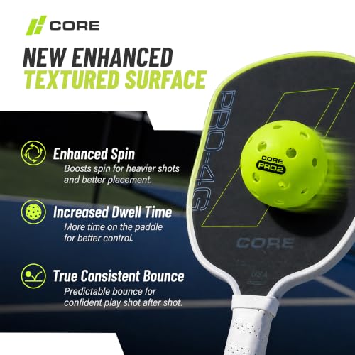CORE PRO2 Outdoor Pickleball Balls 12 Pack - Textured Lime Green, 40-Hole Design, Crack-Resistant for Hard Courts
