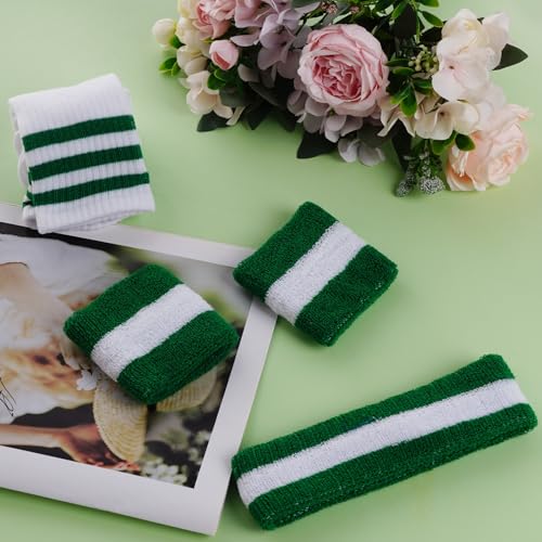 5-Piece Retro Striped Sweatband and Socks Set - Green+White