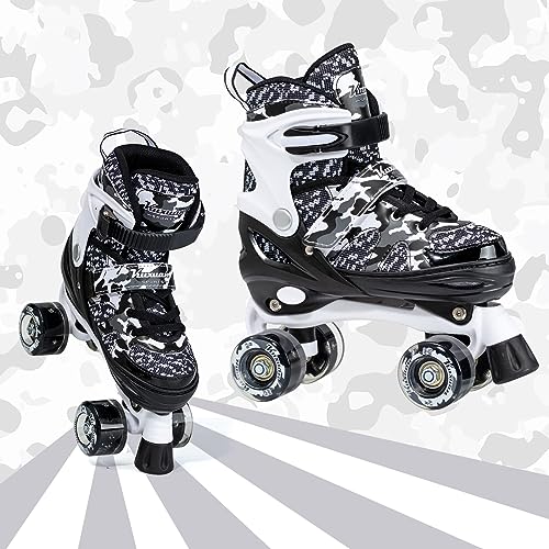 Kuxuan Adjustable Kids Roller Skates - Camo Black, Large (Youth 4-7 US) with Illuminating Wheels