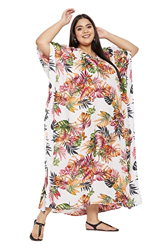 White Tropical Leaf Plus Size Caftan Maxi Dress for Women, Beach Cover Up Kimono