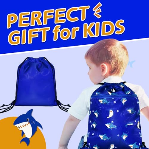 Gym Drawstring Backpack for Kids - Waterproof Blue Shark