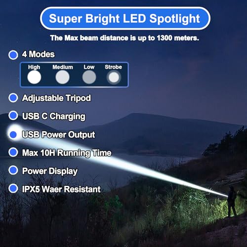 Rechargeable Spotlight Outdoor Handheld Flashlight 2,000,000L, Super Bright Led High Lumens Spot Light with Adjustable Tripod, 4 Modes Battery Powered with USB C, Waterproof for Boat, Camping