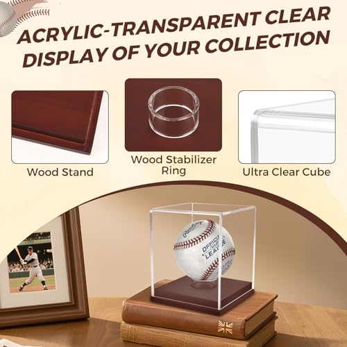 Baseball Display Case - UV Protected Acrylic Cube with Wooden Base for 1 Ball - Brown