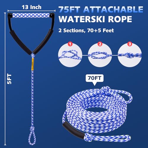 75FT Water Ski Tow Rope with Handle - Blue & White
