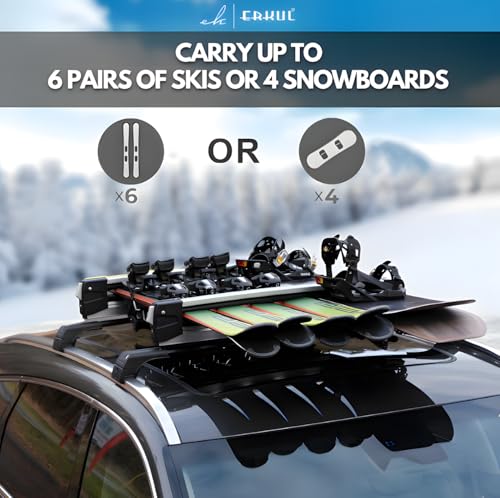 Universal Ski Rack for Car Roof - Holds 6 Pairs of Skis or 4 Snowboards - Silver