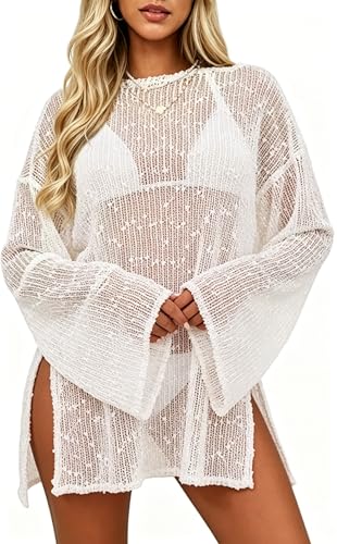Women White Crochet Sheer Kaftan Coverup Large - Swimwear & Beachwear