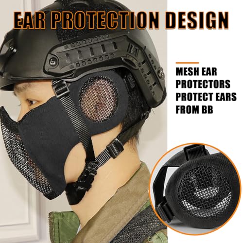 Airsoft Mask with Goggles - Foldable Half Face Mesh with Ear Protection - Black (2pcs)