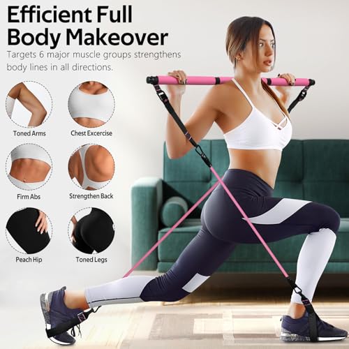 Pilates Bar Kit with 6 Resistance Bands - Adjustable, Pink