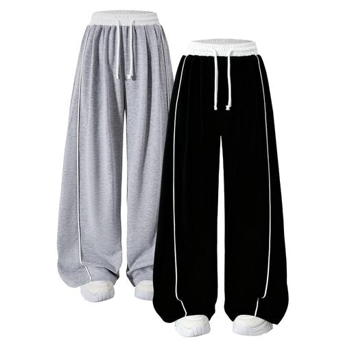 Nivne Tco Tween Girls 2pcs Sweatpants Set Loose Fit Drawstring Waist Baggy Pants Side Line Design Wide Leg Trousers (US, Age, 12 Years, Black+Grey)