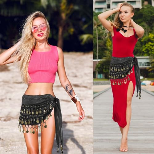 Belly Dance Hip Scarf with Sequins and Coins - Black
