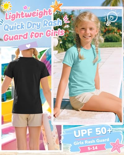 Girls UPF 50+ Rash Guard Swim Shirts - 4 Pack (11-12 Years)