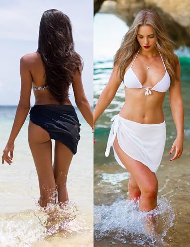 Chiffon Sarong Wraps for Women - Beach Cover Ups, 2PCS - Black+White, X-Large