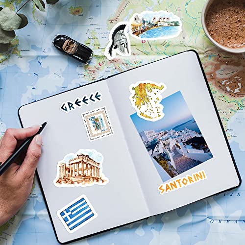 Navy Peony Greece Travel Stickers for Journals - Watercolor Waterproof Decals, 29 Pieces, Greek Landmarks & Culture - Travel Journal Edition