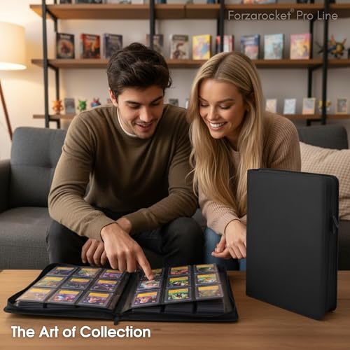 FORZAROCKET Black 9-Pocket Toploader Binder for Trading & Sports Cards, Zippered Ringless Album, PU Leather