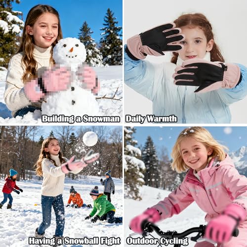 Kids Waterproof Winter Ski Gloves - Pink, Ages 8-14, Women XS-S