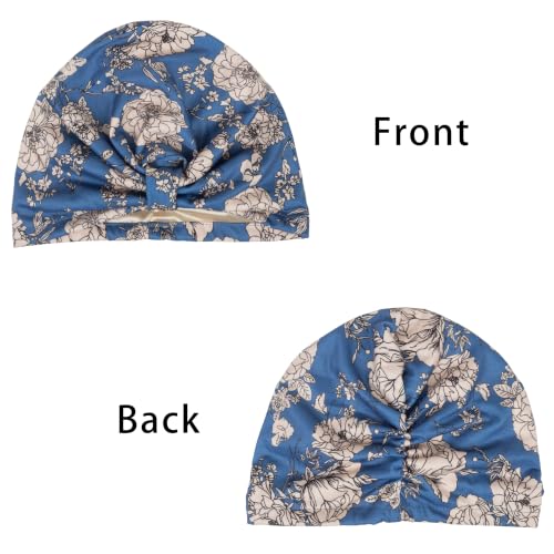 Satin Lined Chemo Turban Beanie Head Wrap - Blue & Floral