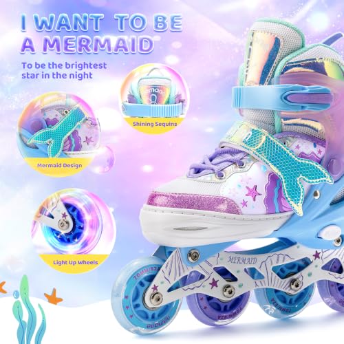 NEMONE Girls Adjustable Light-Up Inline Skates - Mermaid & Butterfly, Small - Ocean Mermaid