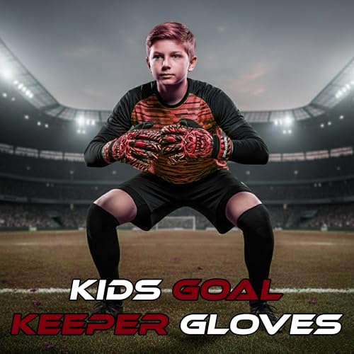 Kids Soccer Goalie Gloves - Youth Goalkeeper Gloves, Red, Size 5