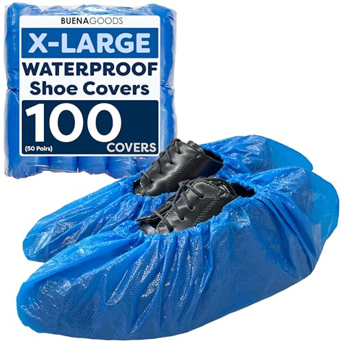 100 Pack Extra Large Disposable Blue Boot and Shoe Covers - Indoor Reusable Waterproof Shoe Covers Disposable - Booties with Non Slip Treads - Fits US Men's Size 14 and Women's 16 Size