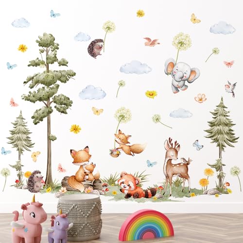 Woodland Animals Large Tree Wall Stickers Bear Fox Elephant Wall Decals Pine Tree Forest Stickers for Baby Nursery Kids Bedroom Living Room Wall Decorations