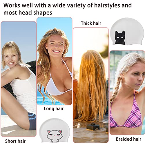 Silicone Swim Caps for Women - 2 Pack Cartoon Pattern, Waterproof & Non-Slip