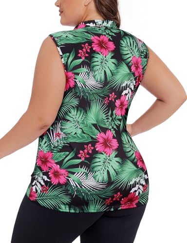 Koscacy Women's Plus Size Tropical Print Sleeveless Golf Polo Zip Up Workout Tank Top 3X-Large