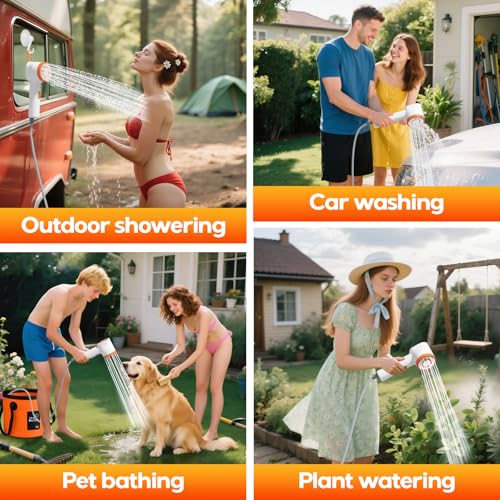 Rechargeable Portable Shower Head with 5.3 Gal Foldable Bag - USB-C LED Camp Shower, Car Wash & Pet Bathing (Orange)