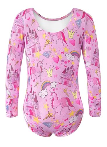 Long Sleeve Gymnastics Leotard for Girls - Sparkly Pink Castle, 3-4T