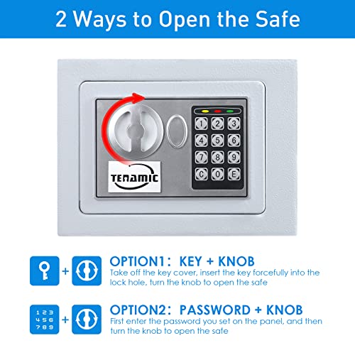 TENAMIC Electronic Digital Security Keypad Lock Box - 0.23 Cubic Feet Mini Safe for Office, Hotel, Home - White