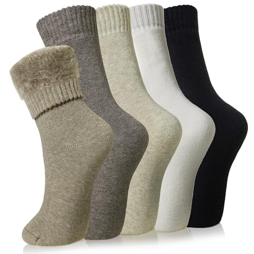Velice Thermal Winter Socks for Women - Extra Thick Insulated Heated Crew Socks - 1 Pair, Black/Brown/White, One Size