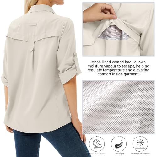 Toumett Women's UPF 50 Sun Protection Long Sleeve Hiking & Fishing Shirt - Light Khaki, Medium
